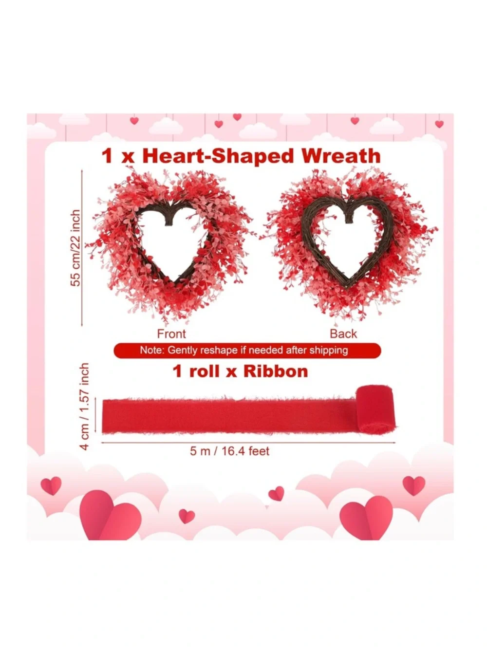 Valentines Day Heart Wreath Home Office Decor 22”